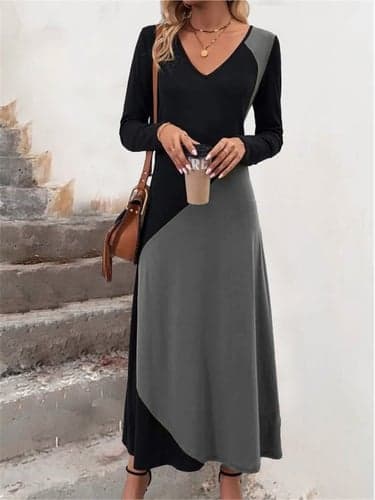Women's T Shirt Dress Tee Dress Geometric Color Block Pocket Print V Neck Long Dress Maxi Dress Daily Date Long Sleeve Spring Fall
