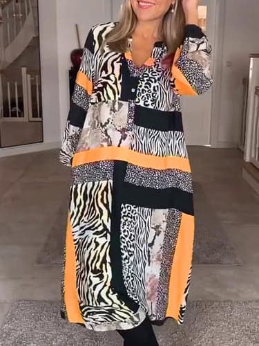 Women's Geometric Color Block Print Split Neck Long Dress Maxi Dress Daily Vacation Long Sleeve Spring Fall