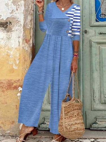Women's Normal Jumpsuit Boho Striped Long Sleeve Wide Leg V Neck Print Vacation Regular Fit Blue All Seasons