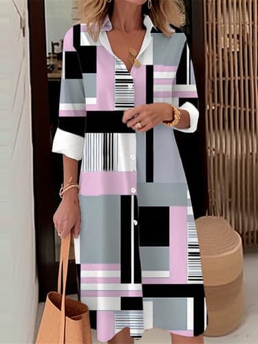 Women's Shirt Dress Casual Dress Midi Dress Outdoor Office Daily Fashion Modern Shirt Collar Button Pocket Long Sleeve Fall Winter Loose Fit Geometric Plaid Color Block