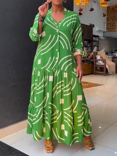 Women's Geometric Color Block Button Print Split Neck Long Dress Maxi Dress Daily Vacation Long Sleeve Fall