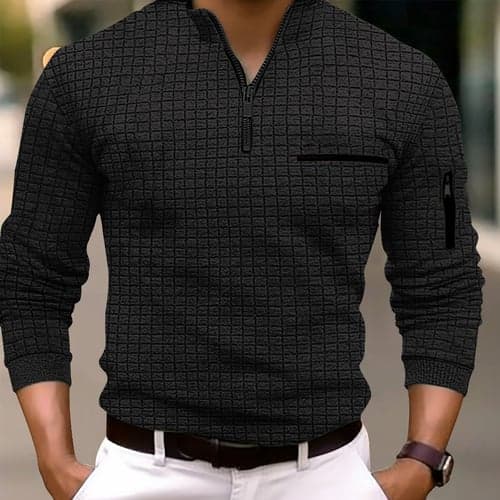 Men's Waffle Polo Shirt Pullover Sports & Outdoor Daily Wear Quarter Zip Long Sleeve Fashion Comfortable Color Block Pocket Zip Up Spring &  Fall Regular Fit Black White Blue Orange Waffle Polo Shirt