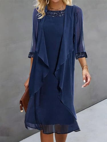 Women's Wedding Guest Cocktail Dress Chiffon Daily Fashion Patchwork Sequin Casual   Elegant Two Piece Dress Set Fall Winter Midi Dress Crew Neck 3/4 Length Sleeve Plain Navy Blue