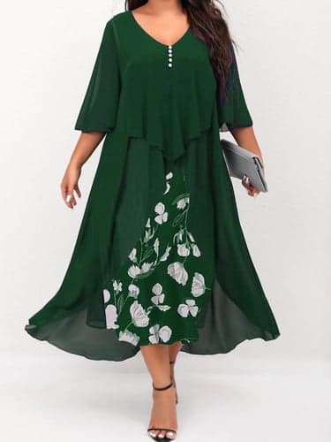 Women's Plus Size Curve Work Dress Floral V Neck Ruched 3/4 Length Sleeve Spring Summer Work Elegant Midi Dress  Layered Formal Vacation Dress