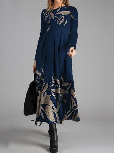 Women's Winter Dress Floral Leaf Ruched Patchwork Crew Neck Long Dress Maxi Dress Daily Vacation Long Sleeve Fall Winter