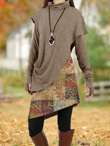 Women's Casual Dress Shift Dress Floral Leaf Patchwork Asymmetrical Cowl Neck Mini Dress Vintage Ethnic Daily Long Sleeve Fall Winter