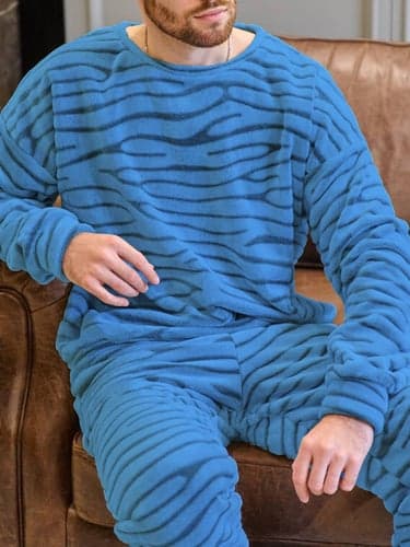 Men's Loungewear Sleepwear Pajama Set Pajama Top and Pant 2 Pieces Stripe Stylish Casual Comfort Home Daily Flannel Comfort Crew Neck Long Sleeve Pullover Pant Elastic Waist Summer Spring Blue Purple