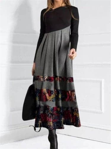 Women's Winter Dress Floral Animal Ruched Patchwork Crew Neck Long Dress Maxi Dress Daily Vacation Long Sleeve Fall Winter