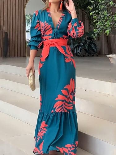 Women's Leaf Ruffle Button V Neck Long Dress Maxi Dress Daily Vacation 3/4 Length Sleeve Fall Winter