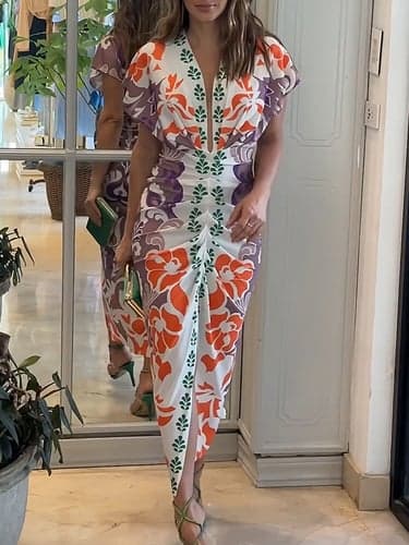 Women's Winter Dress Sheath Dress Floral Ruched Print V Neck Long Dress Maxi Dress Daily Date Short Sleeve Fall Winter
