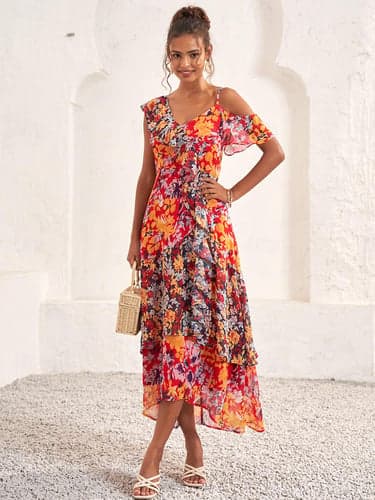 Women's Tiered Dress Boho Floral Midi Dress Sleeveless One Shoulder Ruffle Regular Fit Vacation Red Summer