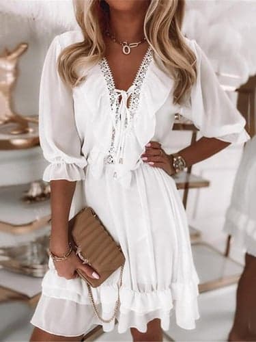 Women's White Dress Mini Dress Chiffon Lace up Ruffle Date Vacation Streetwear V Neck Half Sleeve White Color