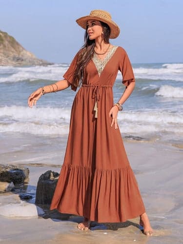 Women's Casual Dress Elegant Casual Carnival Plain Maxi Dress Short Sleeve V Neck Patchwork Tassel Tie Regular Fit Home Work Daily Brown Summer Spring Fall Winter
