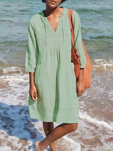 Women's Linen Dress Cotton Summer Dress Midi Dress Basic Casual Daily Vacation V Neck 3/4 Length Sleeve Summer Spring Black Blue Plain