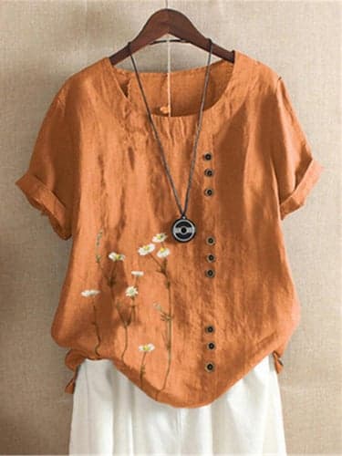 Women's Shirt Blouse Basic Modern Floral Regular Tops Short Sleeve Crew Neck Embroidered Regular Fit Daily Pink Orange Green Light Blue Summer Spring