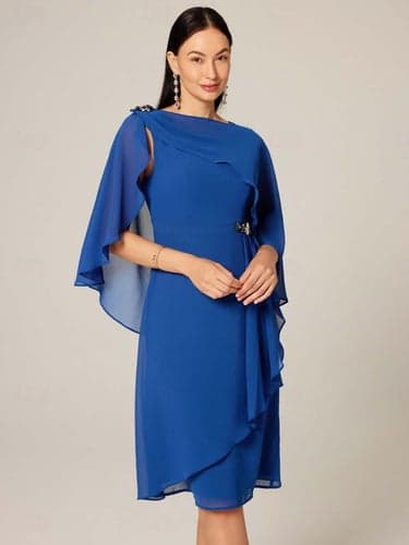 Women's Plus Size Wedding Guest Cocktail Dress Set Chiffon Ruffle Boat Neck Sleeveless Midi Dress Party Elegant Royal Blue Summer
