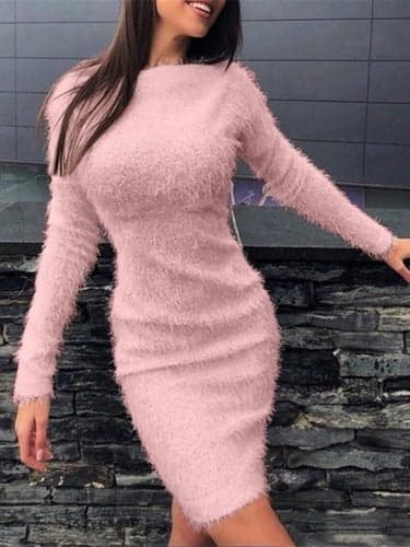 Women's Casual Dress Mini Dress Fleece Casual Crew Neck Long Sleeve White Pink Color