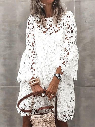Women's Dress Set White Dress White Lace Wedding Dress Fashion Plain with Sleeve Mini Dress 3/4 Length Sleeve Crew Neck Outdoor Black White Summer Regular Fit