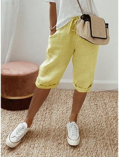 Women's Capri Pants Casual Summer Yellow Drawstring Waist Rolled-Cuff Mid-Calf Comfortable Loungewear Relaxed Fit Breathable Fabric Multiple Sizes