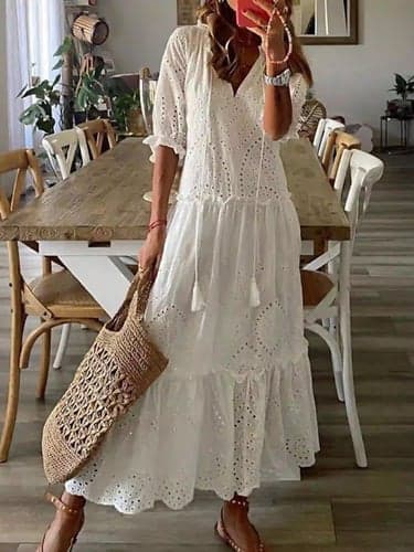 Women's White Dress Maxi Dress Ruffle Streetwear Maxi V Neck Half Sleeve White Color