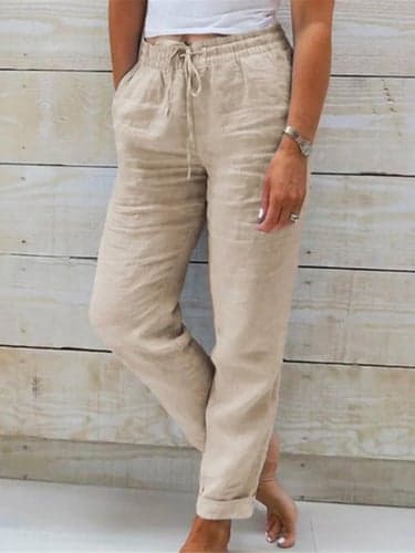 Women's Linen Pants Elastic Drawstring Waistband Casual Relaxed Fit Straight-Leg Comfortable Lightweight Summer Beach Sand Neutral Size Range