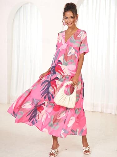 Women's A Line Dress Tiered Dress Casual Leaf Maxi Dress Short Sleeve V Neck Ruffle Loose Fit Vacation Pink Summer