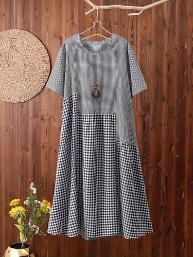 Women's Plus Size Curve Casual Dress Plaid Midi Dress Short Sleeve Crew Neck Classic Outdoor Black Red Summer Spring XL 2XL 3XL 4XL 5XL