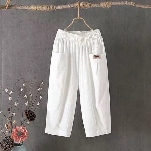 Women's Capri Pants Elastic Waist Light Beige Solid Color Casual Comfort Breathable Cotton Lightweight Summer Spring Daily Wear Home Beach Loose Fit Pocket