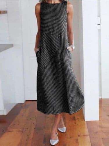 Women's Casual Dress Cotton Linen Dress Sundress Midi Dress Pocket Print Daily Crew Neck Sleeveless Summer Spring Black Blue Striped