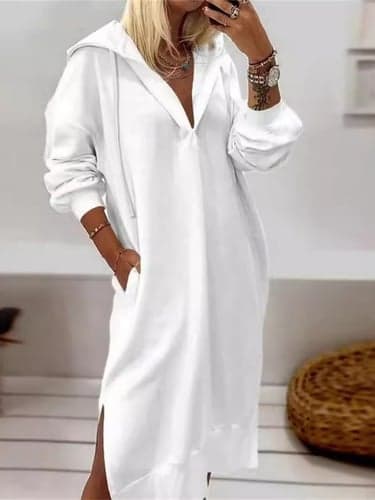 Women's White Dress Maxi Dress Pocket Split Casual Hooded Long Sleeve White Color