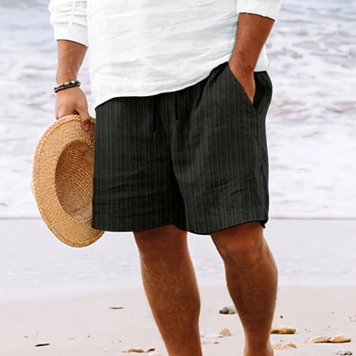 Men's Shorts Linen Shorts Summer Shorts Beach Shorts Pocket Drawstring Elastic Waist Stripe Comfort Breathable Knee Length Outdoor Holiday Beach Vacation Hawaiian Black Royal Blue