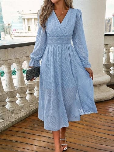 Women's Chiffon Dress Maxi Dress Chiffon Split Party Wedding Guest Date Elegant Streetwear V Neck Long Sleeve Dark Blue Apricot Color