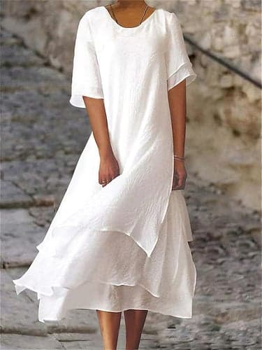 Women's Casual Dress Cotton Linen Dress White Cotton Dress Midi Dress Layered Basic Daily Crew Neck Half Sleeve Summer Spring White Blue Plain