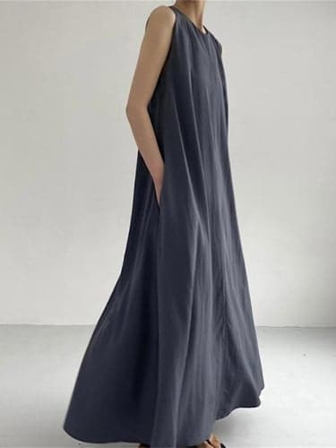 Women's Casual Dress Cotton Linen Dress Tank Dress Maxi Dress Pocket Basic Daily Crew Neck Sleeveless Summer Spring White Navy Blue Plain