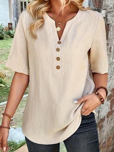 Women's Shirt Blouse Dressy Tops Basic Solid Color Plain Regular Tops Short Sleeve Notched Neck Buttons Regular Fit Daily Beige Summer