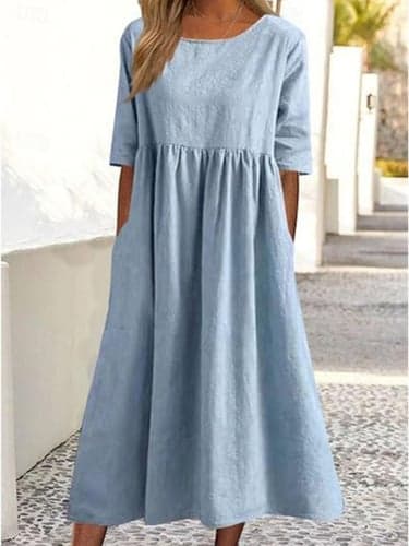 Women's Midi Dress Denim-Like Fabric Flared Skirt Three-Quarter Sleeve Round Neckline Solid Blue Casual Spring Fall Brunch Day Dress Comfortable Pull-on Standard Sizes