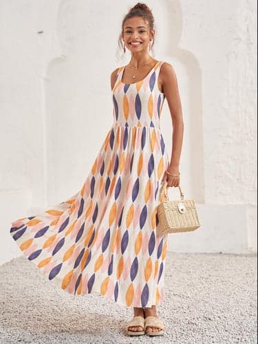 Women's Tank Dress Casual Geometric Maxi Dress U Neck Tassel Tie Regular Fit Daily Orange Summer