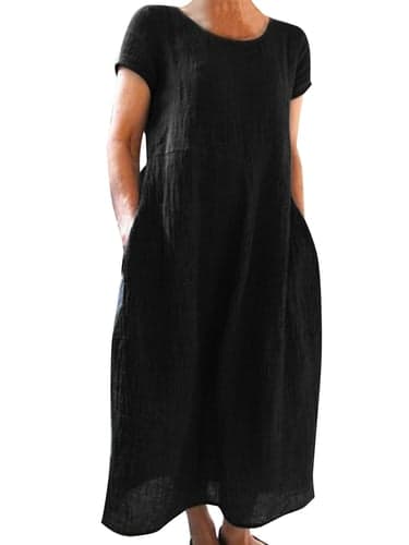 Women's White Dress Casual Dress Cotton Summer Dress Maxi Dress Linen Pocket Basic Casual Daily Vacation Beach Crew Neck Short Sleeve Summer Spring Black White Plain