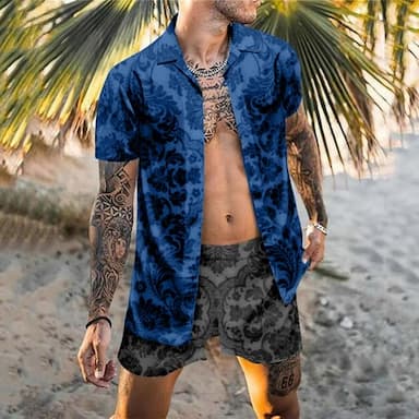 Men's Floral 2pcs Summer Hawaiian Shirt Short Sleeve Short Pants Shirts Sets Turndown Tropical Fashion Hawaiian Casual Holiday Beach Print Black Blue Khaki