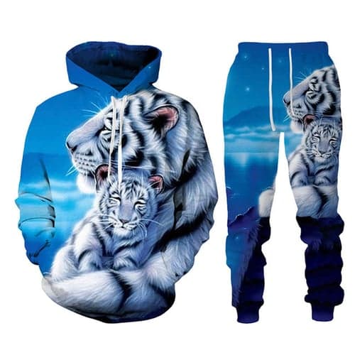 Men's Graphic Tiger 2pcs Hoodies Long Sleeve Long pants 3D Sweatshirt Sets Hooded Streetwear Designer Basic Sports & Outdoor Casual Sports Print Black Blue Purple