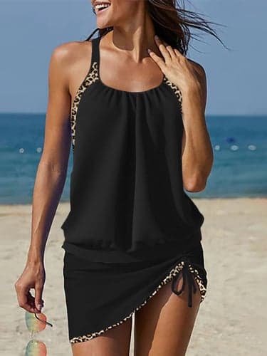 Women's Swimwear Swimdresses Swimsuit Ruched Beach Wear Basic Leopard Plain High Neck Sleeveless Bathing Suits