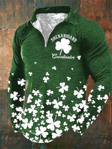 St.Patrick's Day Men's Zip Polo Polo Shirt Golf Shirt Saint Patrick Day St. Patrick's Day Clover Turndown Black White Green Outdoor Street Long Sleeve Zipper Print Clothing Apparel Fashion Streetwear