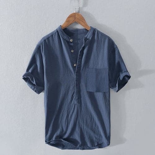 Men's Linen Shirt Band Collar Shirt Summer Shirt Beach Wear Plain Casual Daily White Royal Blue Blue Gray Short Sleeve Stand Collar Summer Clothing Apparel
