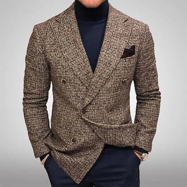 Men's Fall Tweed Wedding Casual Check/Plaid Blazer Jacket Regular Tailored Fit Leaf Santa Claus Double Breasted Six-buttons Brown Grey