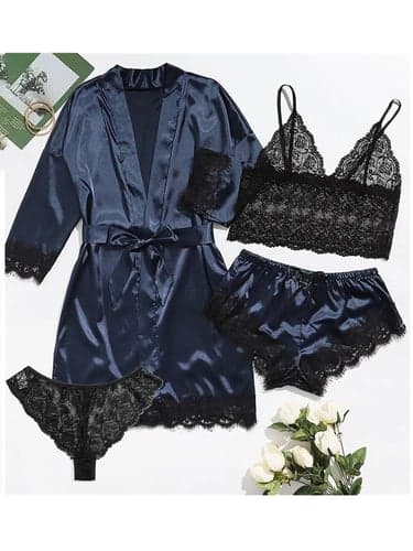 Women's Pajamas Sets 4 Pieces Pure Color Simple Casual Soft Home Daily Bed Satin Breathable V Wire Long Sleeve Shorts Summer Spring Home Outfits