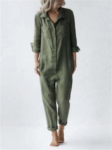 Women's Normal Jumpsuit Basic Solid Color Long Sleeve Shirt Collar Buttons Pocket Vacation Street Regular Fit Pink Green Summer
