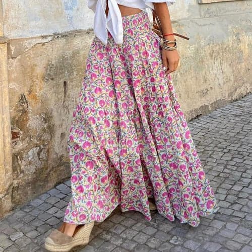 Women's Swing Long Skirt Bohemia Maxi Skirts Print Floral Street Vacation Spring & Summer Fashion coastal grandma style Boho Pink Rose