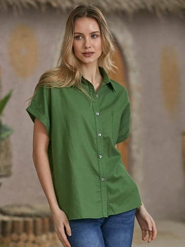Women's Shirt Cotton Blend Elegant Pocket Short Sleeve Shirt Collar Work Casual Holiday Army Green Orange
