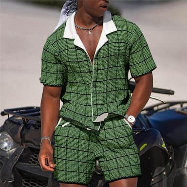 Men's Plaid Geometric Pattern 2pcs Summer Hawaiian Shirt Short Sleeve Short Pants Shirts Sets Cuban Collar Fashion Streetwear Designer Outdoor Daily Going out Print Navy Blue Blue Sky Blue