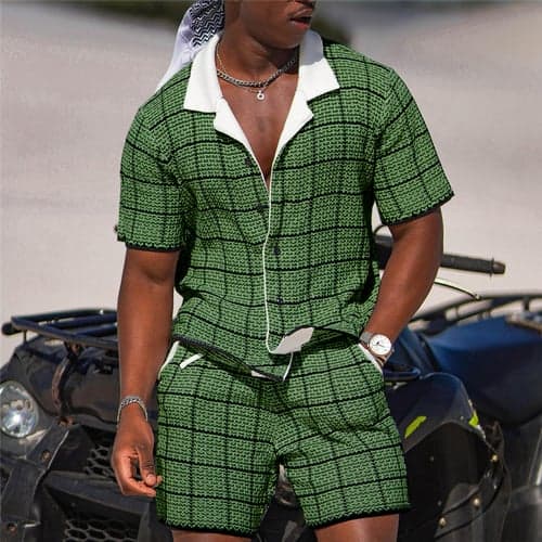 Men's Plaid Geometric Pattern 2pcs Summer Hawaiian Shirt Short Sleeve Short Pants Shirts Sets Cuban Collar Fashion Streetwear Designer Outdoor Daily Going out Print Navy Blue Blue Sky Blue
